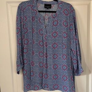 Pink and Blue 3/4 Sleeve Boxy Blouse with Mandarin Collar